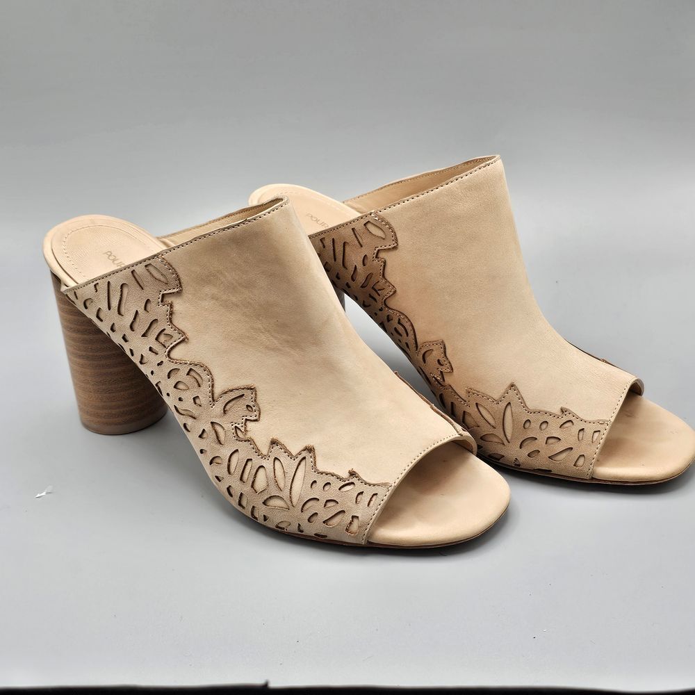Pour la Victoire Women's Helaine Cutwork Mules Tan Leather Size 8.5 Natural Heel